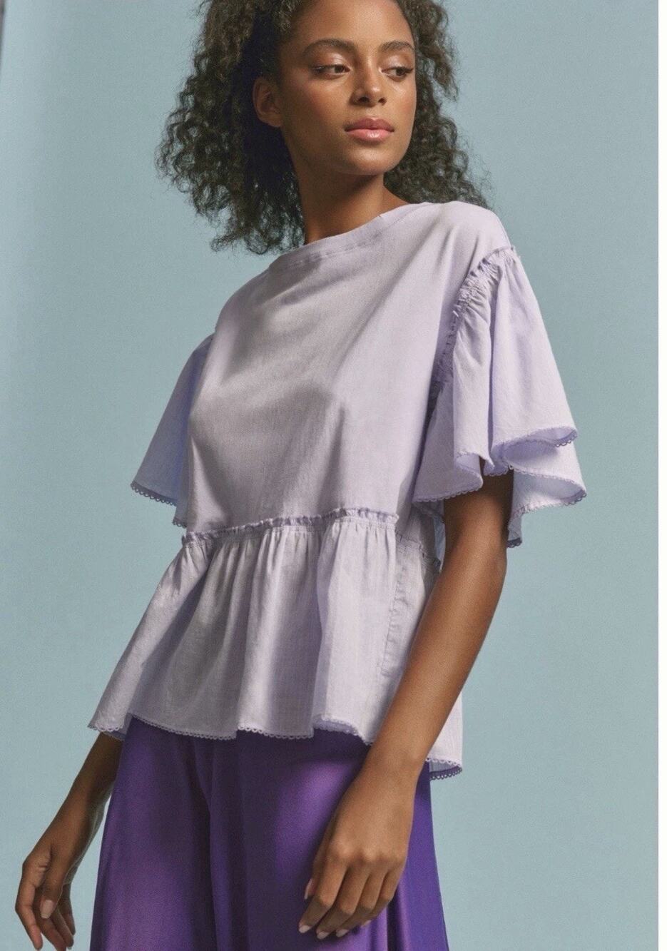 Anthropologie Babydoll Top XXS Lilac lavender Easter Peplum Preppy Clean Girl